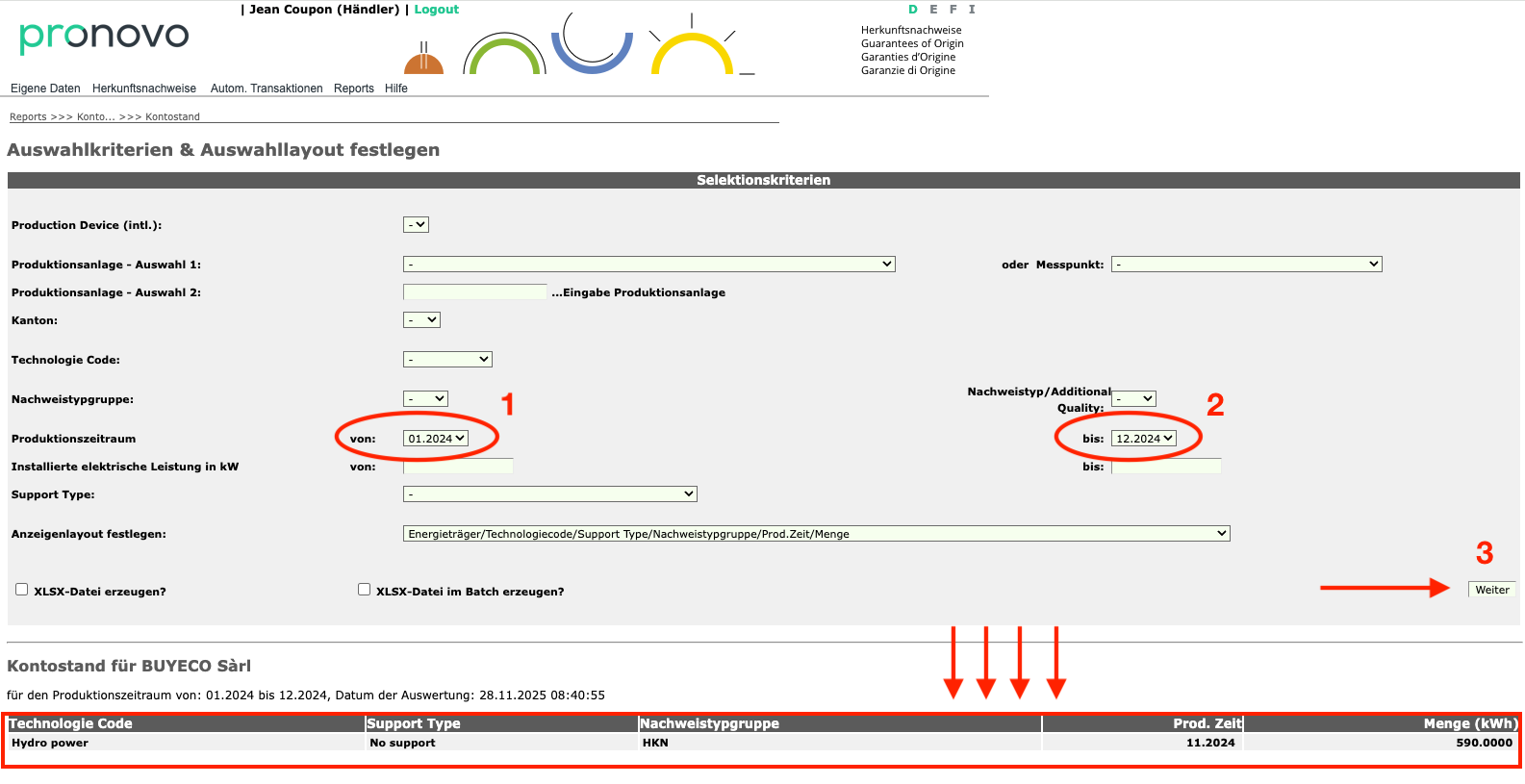 Criteri di selezione con periodo di produzione e pulsante Continua.