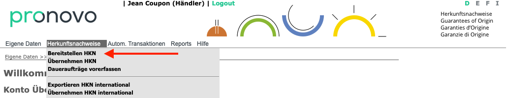 Pagina Pronovo (shkn.pronovo.ch) con il menu 'Garanzie di Origine' e il pulsante 'Metti a disposizione GO'.