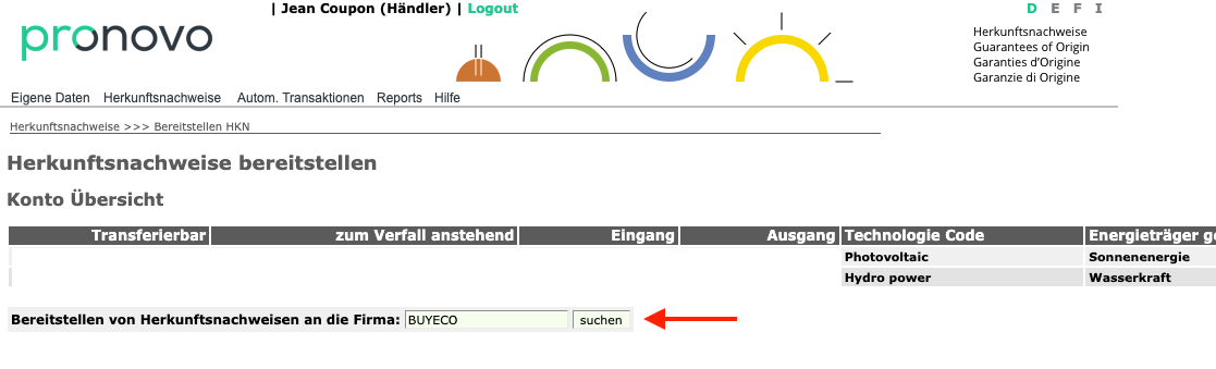 Pagina Pronovo (shkn.pronovo.ch) con la pagina 'Garanzie di Origine – Metti a disposizione' e una panoramica del conto.