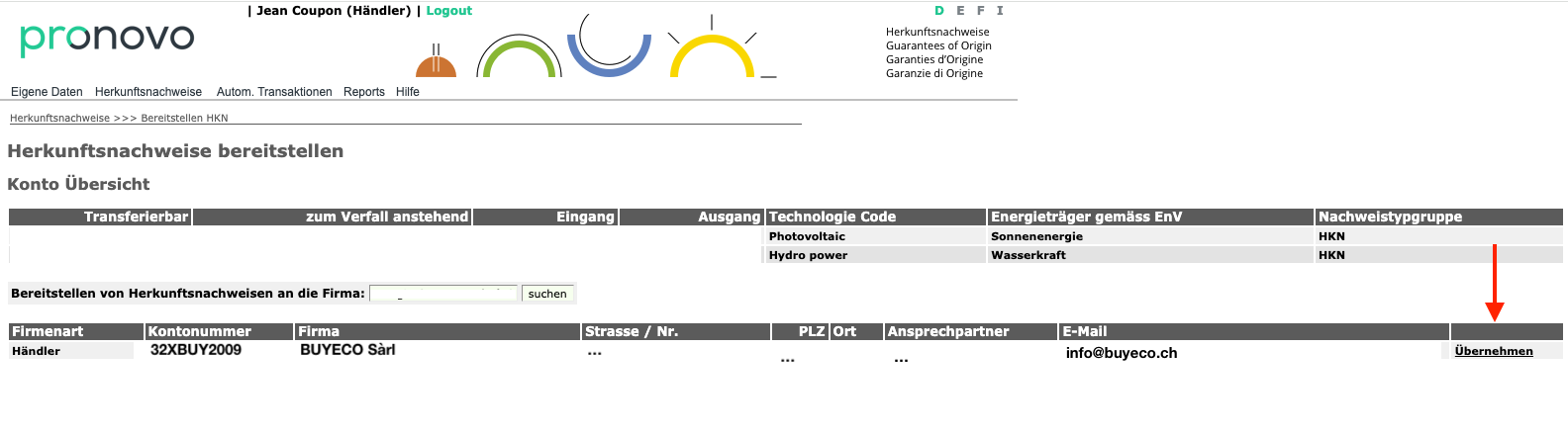 Pagina Pronovo (shkn.pronovo.ch) con la pagina 'Garanzie di Origine – Metti a disposizione' e una panoramica del conto.