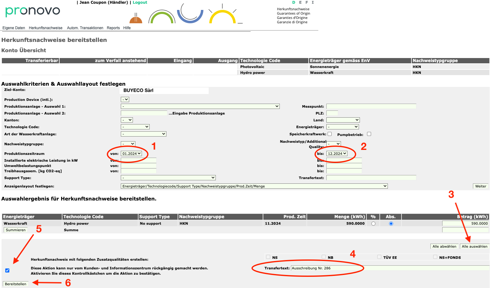 Pagina Pronovo (shkn.pronovo.ch) con la pagina 'Garanzie di Origine – Metti a disposizione' e una panoramica del conto.