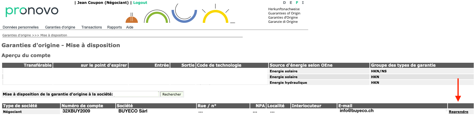 Écran de connexion du site Pronovo (shkn.pronovo.ch) montrant les champs Identifiant, Mot de passe, captcha et bouton Inscription.