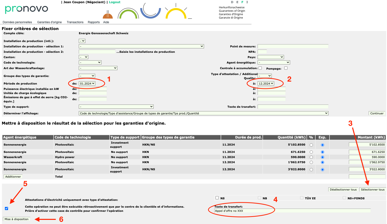 Écran de connexion du site Pronovo (shkn.pronovo.ch) montrant les champs Identifiant, Mot de passe, captcha et bouton Inscription.